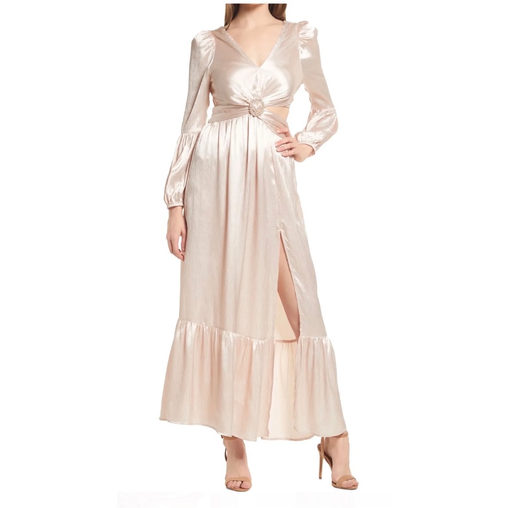 RAHI Leila Luster Long Sleeve Midi Dress in Champagne, Size S Retail $189.00